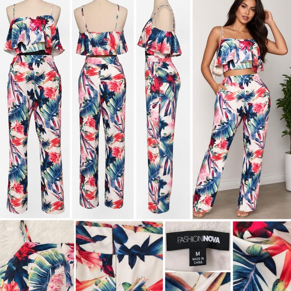 Fashion Nova Tropical Floral Ruffle Crop Top & High-Rise Pants Set Size M